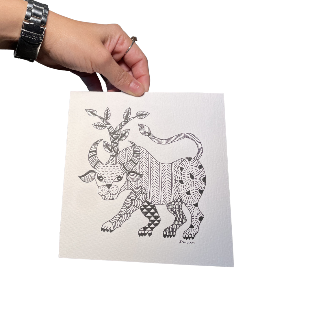 Forest Guardian — Gond Art Horned Lion